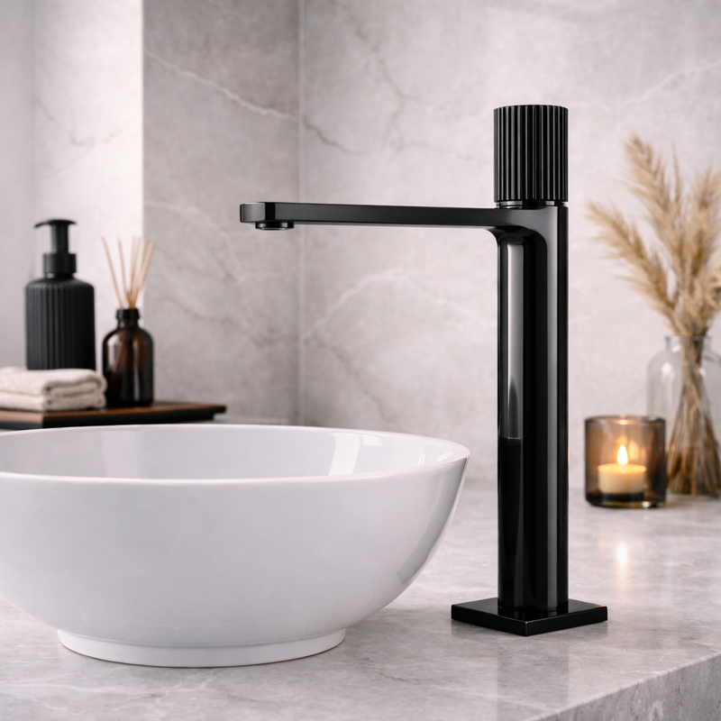 Miscelatore lavabo alto RubiFlux Sculpt con leva rigata - Nero lucido
