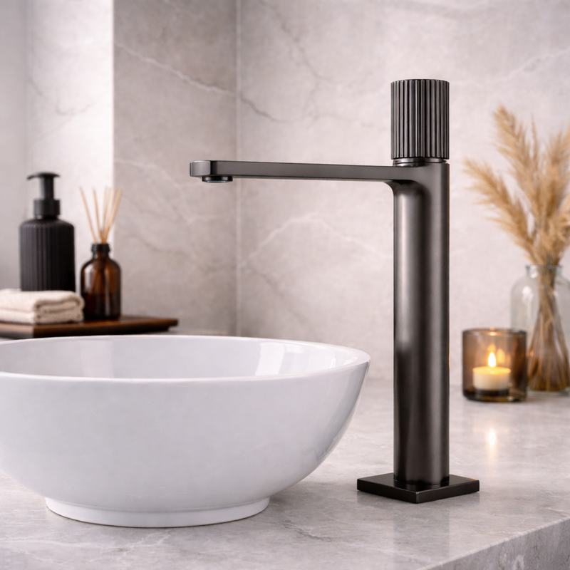 Miscelatore lavabo alto RubiFlux Sculpt con leva rigata - Gun Metal