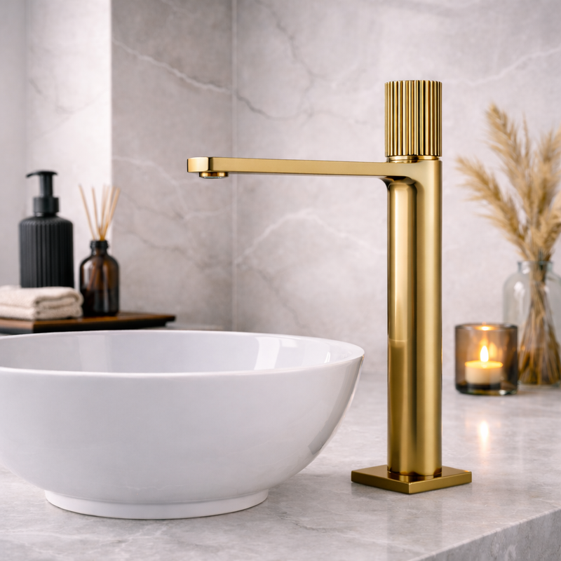 Miscelatore lavabo alto RubiFlux Sculpt con leva rigata - Oro etrusco