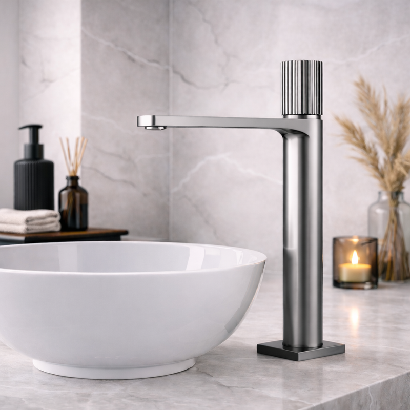 Miscelatore lavabo alto RubiFlux Sculpt con leva rigata - Cromo spazzolato