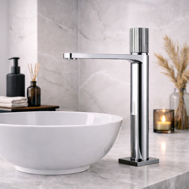 Miscelatore lavabo alto RubiFlux Sculpt con leva rigata - Cromo
