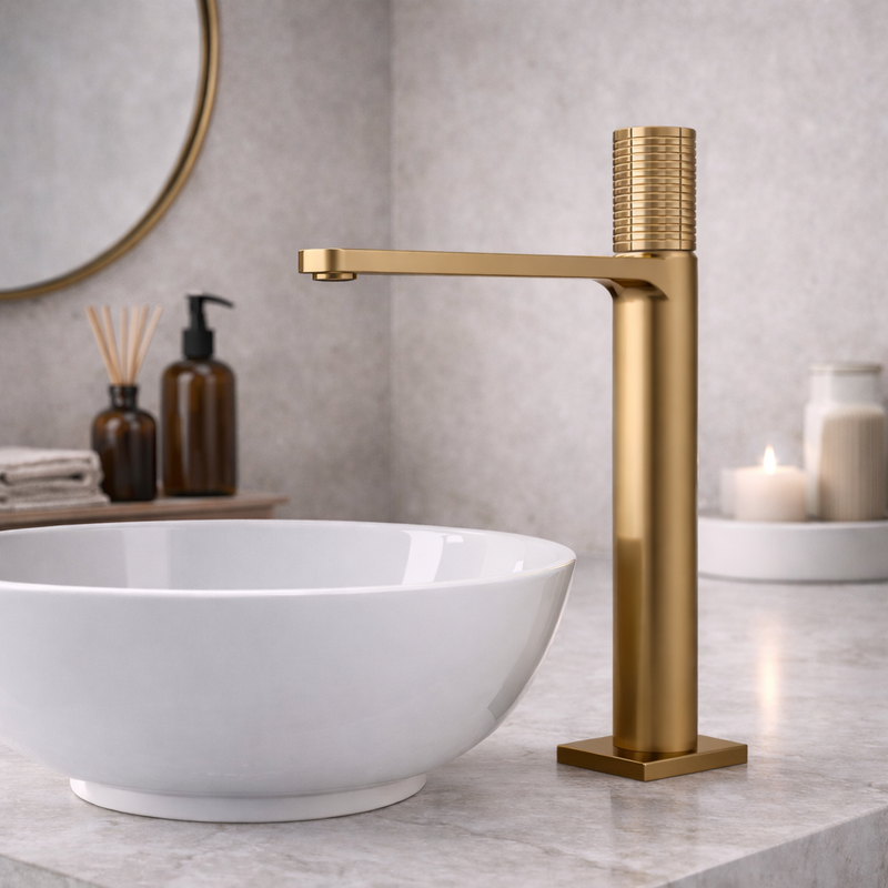 Miscelatore lavabo alto RubiFlux Sculpt con leva incisa - Oro etrusco