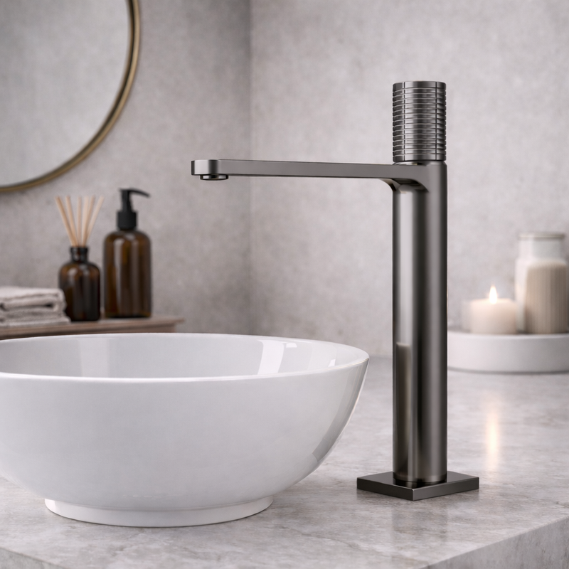 Miscelatore lavabo alto RubiFlux Sculpt con leva incisa - Gun Metal