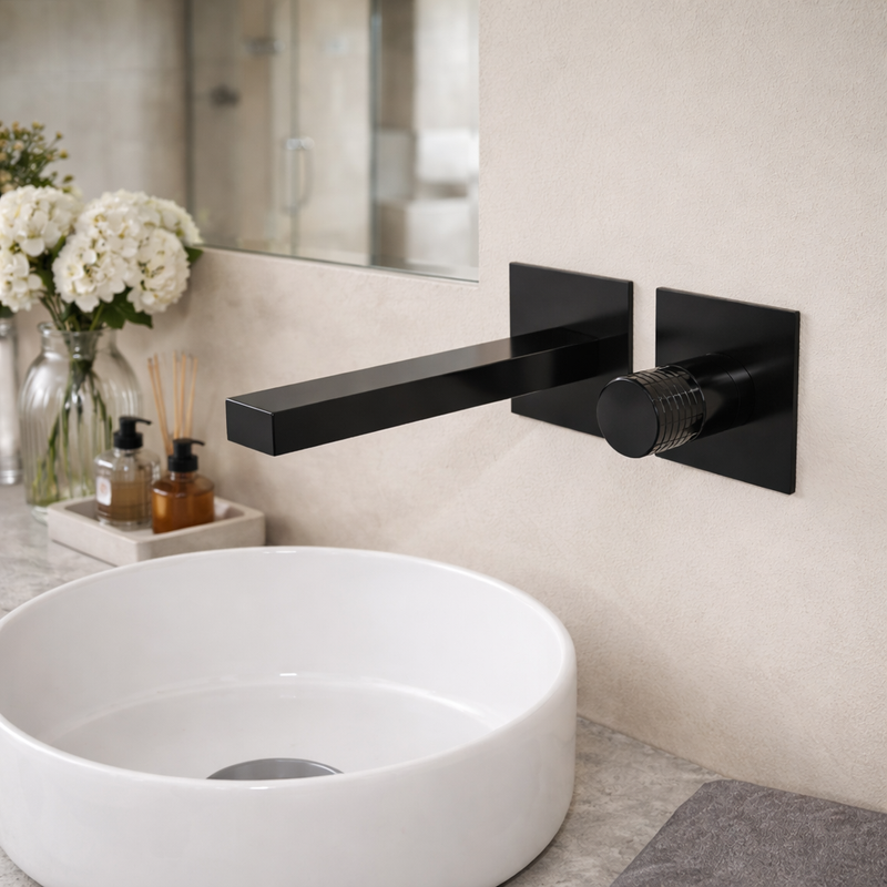 Miscelatore lavabo a muro RubiFlux Sculpt con leva incisa e canna da 25 cm - Nero lucido