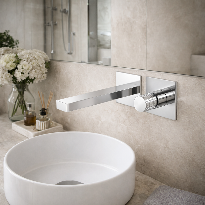 Miscelatore lavabo a muro RubiFlux Sculpt con leva incisa e canna da 20 cm - Cromo