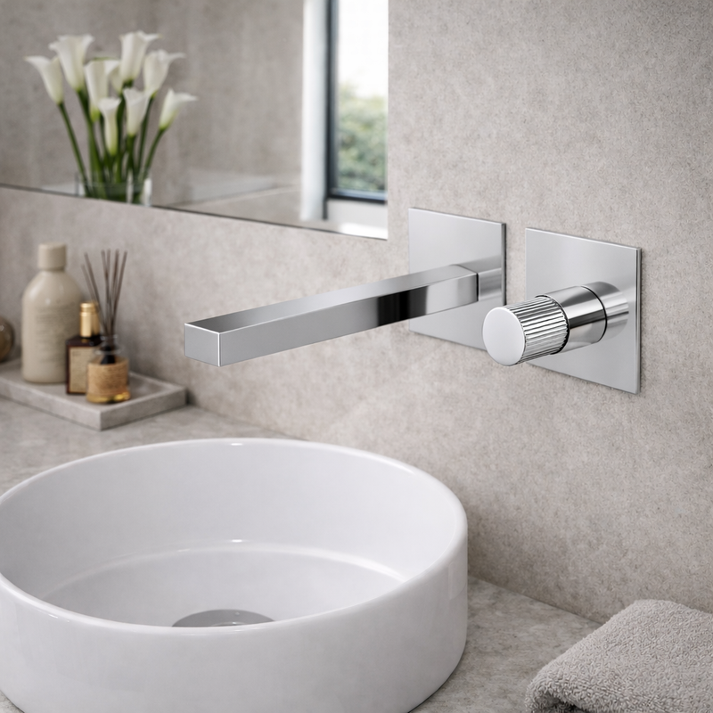 Miscelatore lavabo a muro RubiFlux Sculpt con leva rigata e canna da 20 cm - Cromo