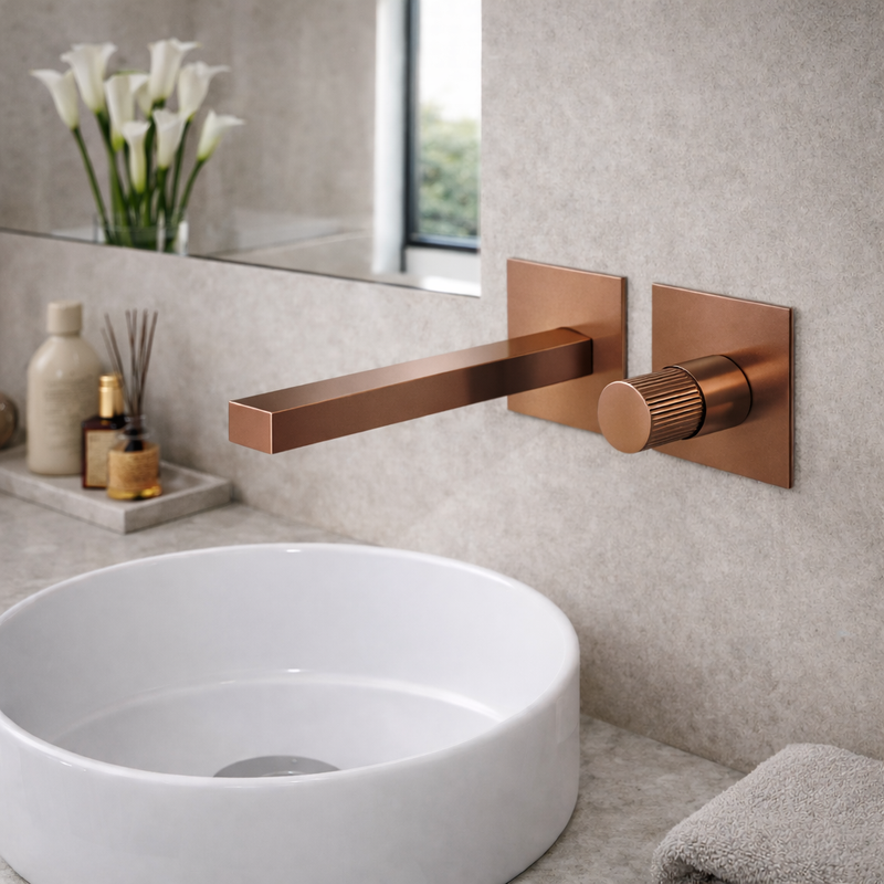 Miscelatore lavabo a muro RubiFlux Sculpt con leva rigata e canna da 25 cm - Bronzo