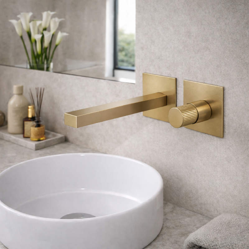 Miscelatore lavabo a muro RubiFlux Sculpt con leva rigata e canna da 25 cm - Oro etrusco