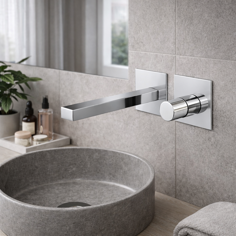Miscelatore lavabo a muro RubiFlux Sculpt con leva liscia e canna da 25 cm - Cromo