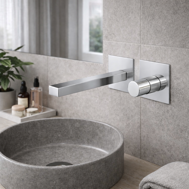Miscelatore lavabo a muro RubiFlux Sculpt con leva liscia e canna da 25 cm - Cromo spazzolato