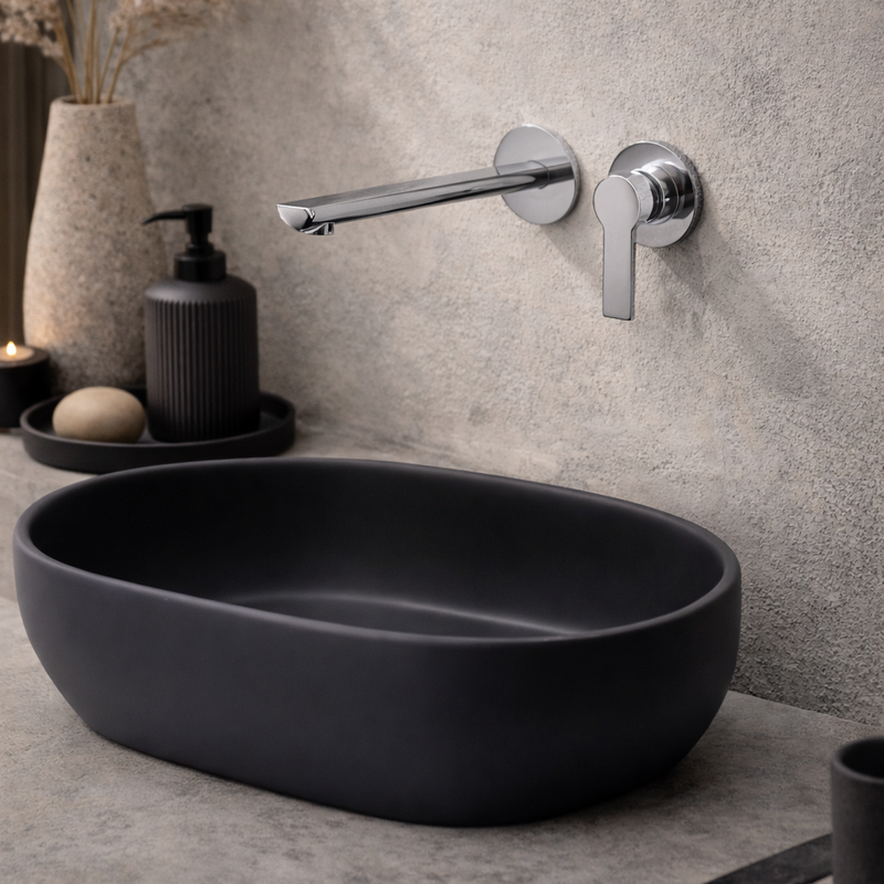 Miscelatore monocomando lavabo a muro RubiFlux serie Zea canna 20 cm - Cromo