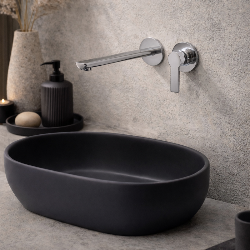 Miscelatore monocomando lavabo murale RubiFlux serie Zea canna 25 cm - Cromo