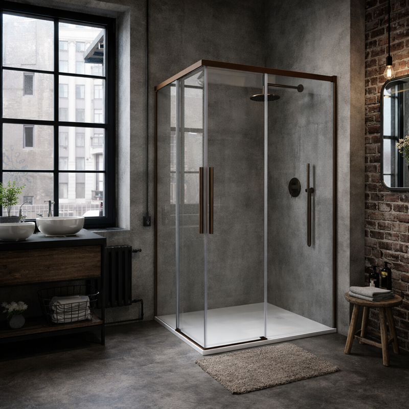 Box doccia angolare scorrevole soft close Run 80x90 cm con vetro 8 mm anticalcare e altezza 200 cm - Bronzo