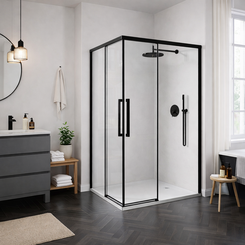 Box doccia angolare scorrevole soft close Run 70x90 cm con vetro 8 mm anticalcare e altezza 200 cm - Nero lucido