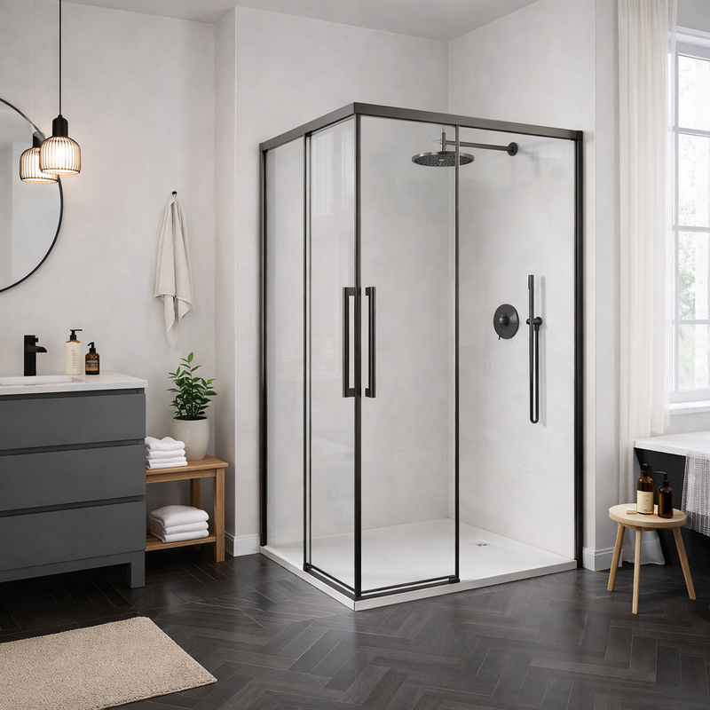 Box doccia angolare scorrevole soft close Run 80x80 cm con vetro 8 mm anticalcare e altezza 200 cm - Gun Metal