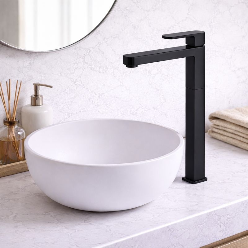Mezclador monomando para lavabo alto RubiFlux serie Dema - Negro Mate
