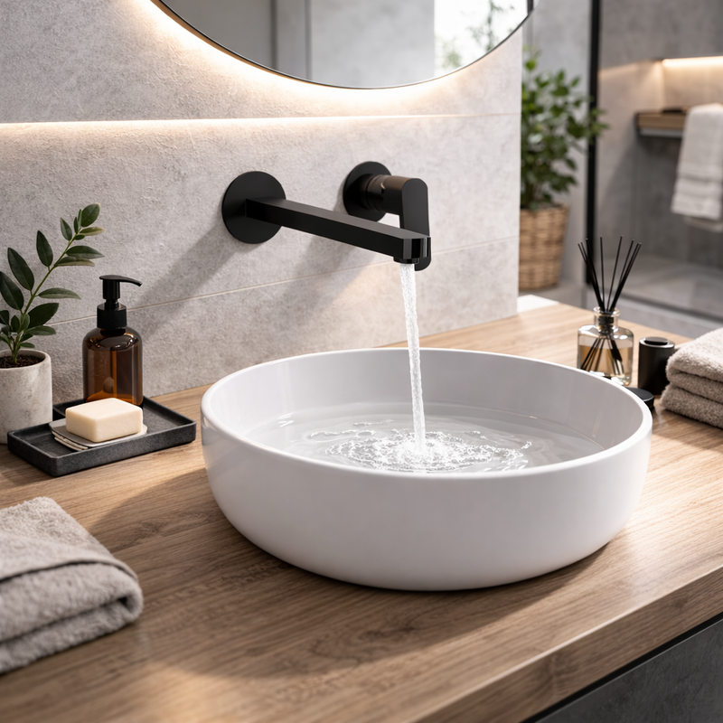 RubiFlux Dema Wall-Mounted Brass Bathroom Sink Faucet with 25 cm Spout - Matte Black