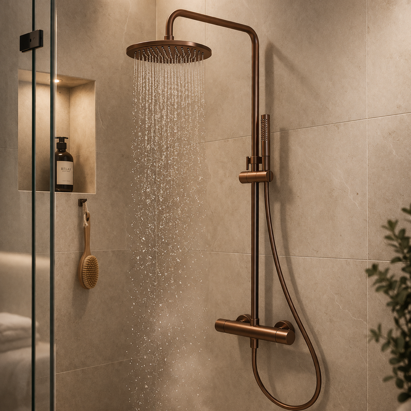 Colonna doccia termostatica Lady in acciaio 316L con soffione e doccetta - Bronzo