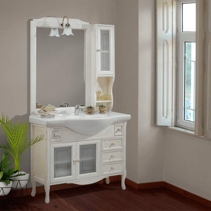 Mobile bagno Provence 105 cm stile shabby chic con lavabo, specchio e pensile - Bianco Decapè