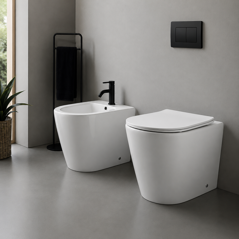 Sanitari con scarico a vortice di seconda generazione BathCore Elysium wc + bidet + sedile soft close