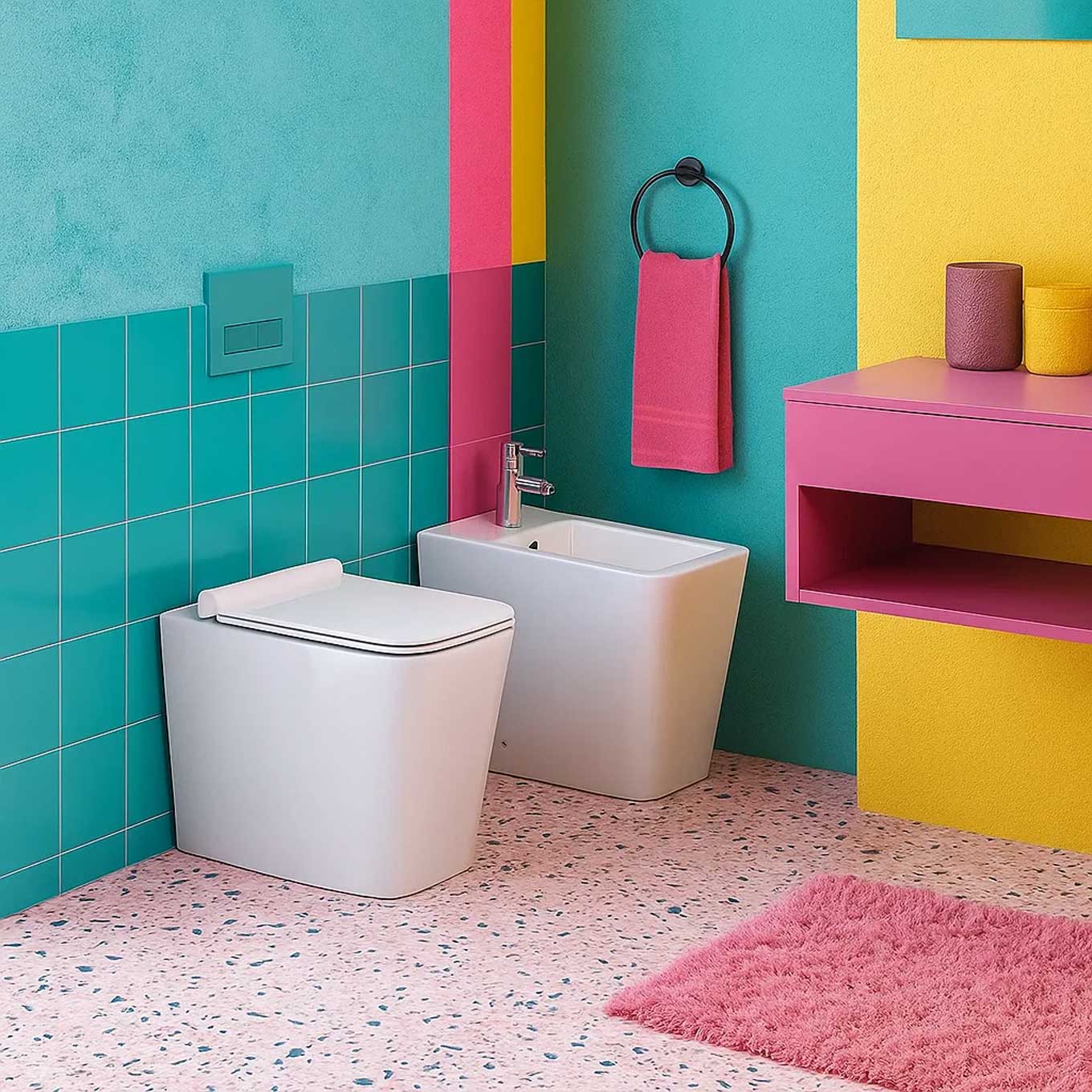 Coppia sanitari a terra filomuro con copriwater incluso BathCore serie Evo