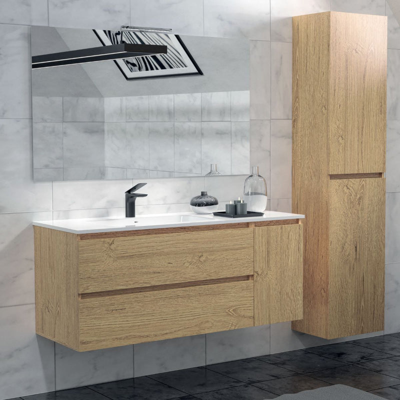 Mobile bagno sospeso Grass 120 cm con lavabo, colonna e specchio LED - Rovere Nodato