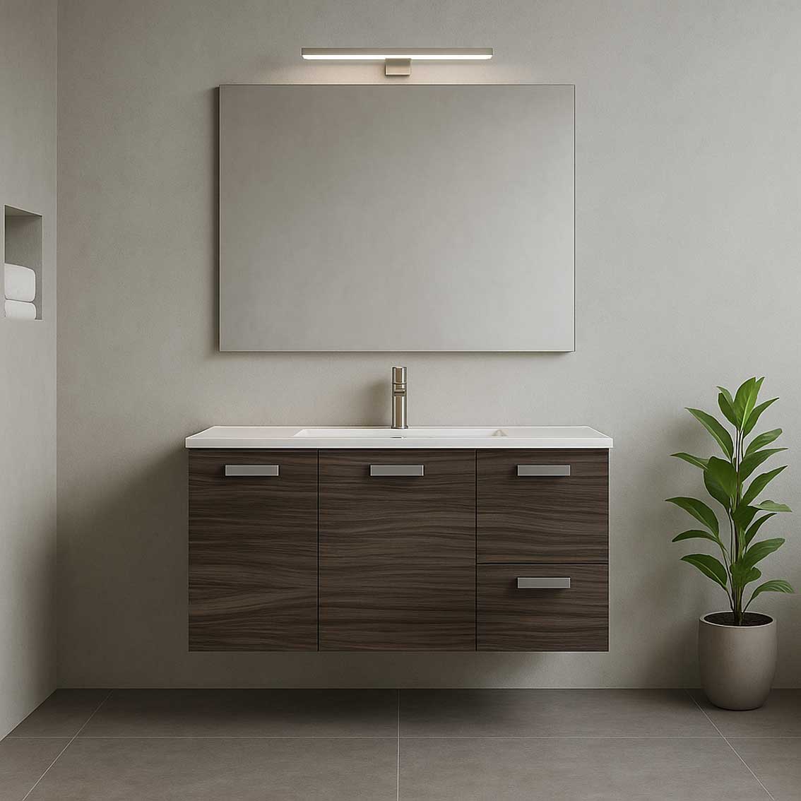 Mobile bagno sospeso con base, lavabo e specchiera con Led modello Elisa 105 - Olmo Caffé