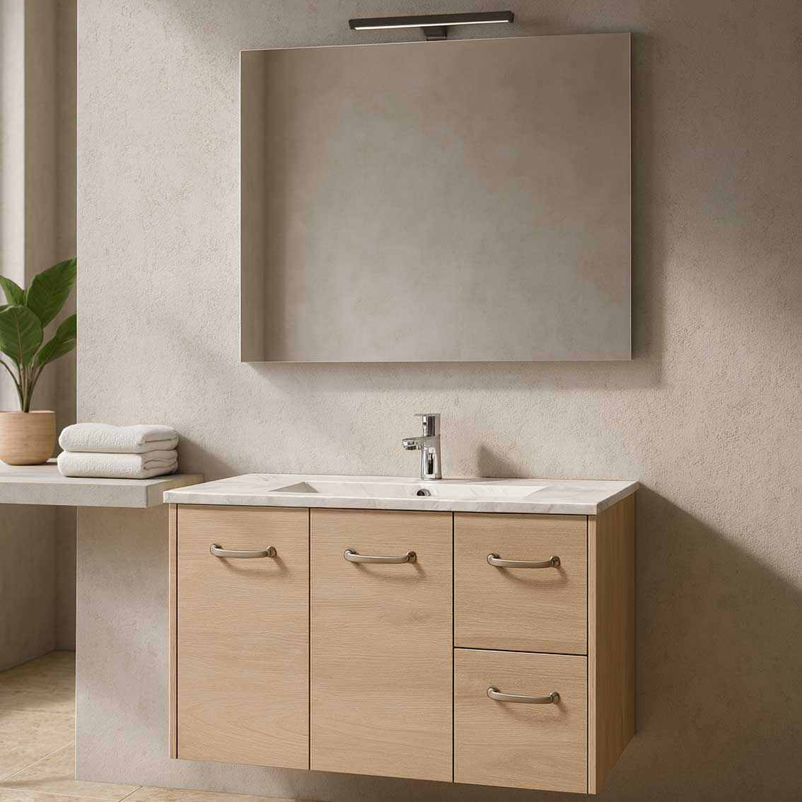 Mobile bagno sospeso con base, lavabo e specchiera con Led modello Elisa 85 - Olmo Bianco