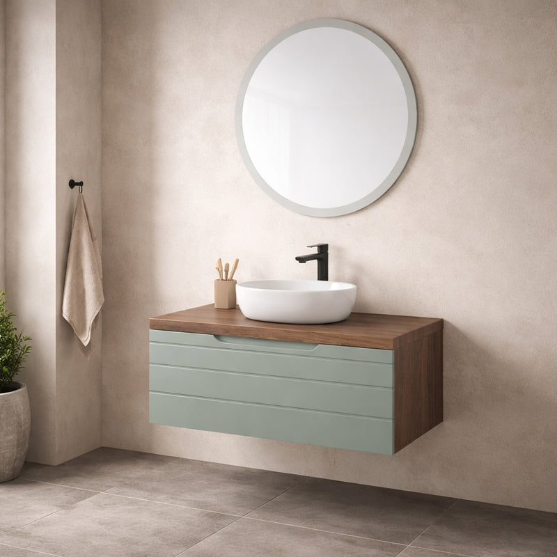 Mobile bagno sospeso Essenza 90 cm in noce canaletto e Verde Salvia con lavabo e specchio