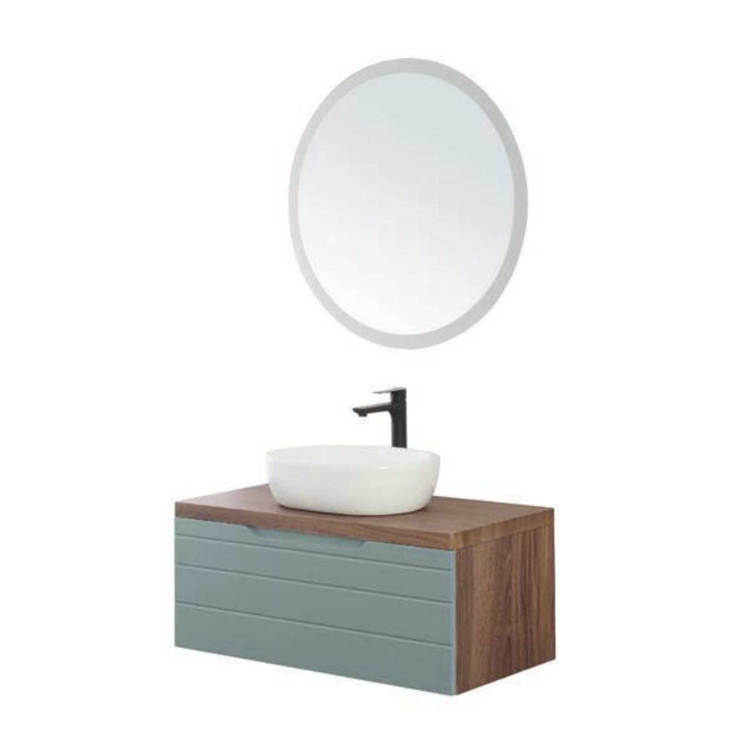 Mobile bagno sospeso Essenza 110 cm in noce canaletto e Verde Salvia con lavabo e specchio