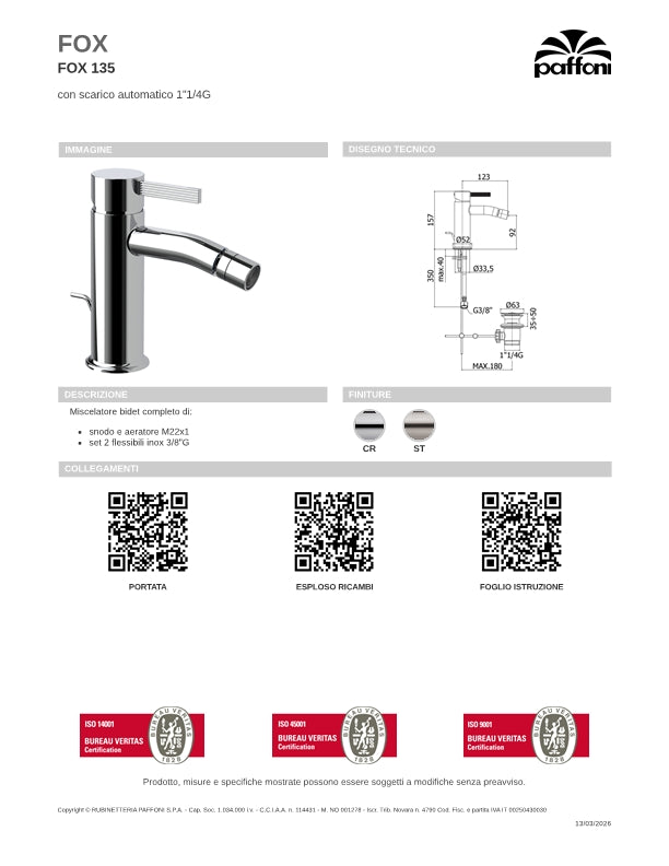 Rubinetto miscelatore bidet con scarico a saltello cromo lucido Paffoni FOX art FOX135CR