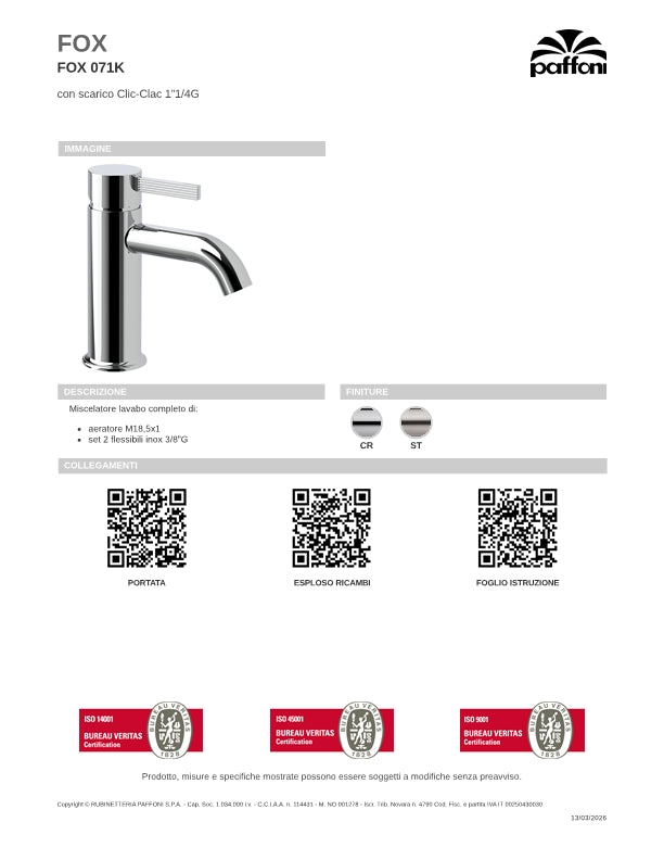 Rubinetti miscelatore lavabo con scarico Clic-Clac Steel Lookin Paffoni FOX071KST