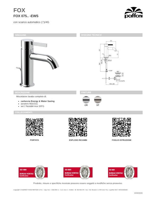 Rubinetti miscelatore lavabo con scarico e saltello con cartuccia Energy Saving Cromo Lucido Paffoni FOX075CREWS