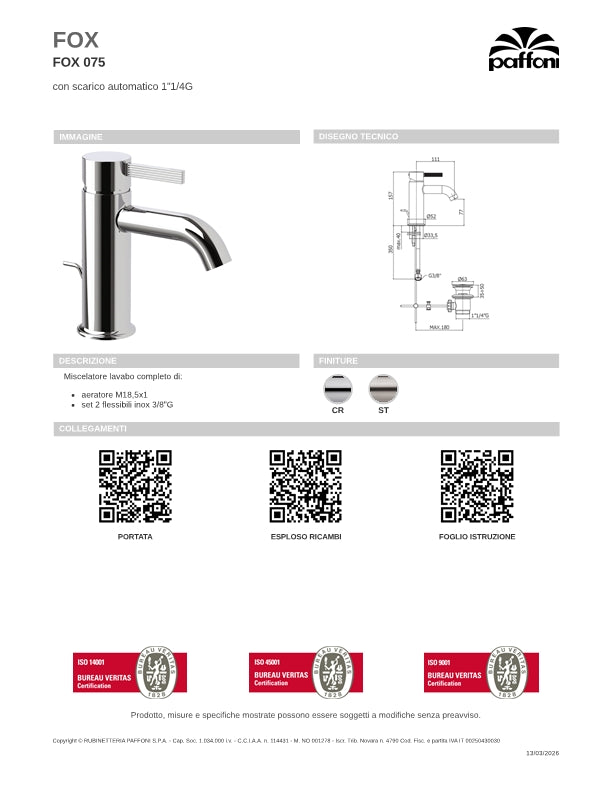 Rubinetti miscelatore lavabo con scarico e saltello Cromo Lucido Paffoni FOX075CR
