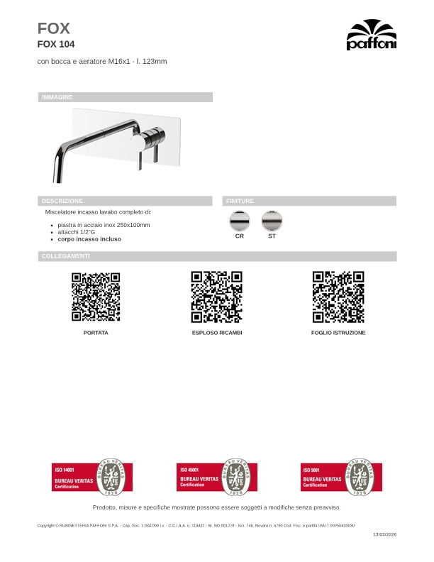 Miscelatore incasso lavabo Steel Looking completo di bocca da 123 mm, piastra Inox e corpo incasso Paffoni Fox art FOX104ST