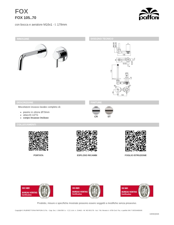 Miscelatore incasso lavabo completo di bocca da 248 mm , piastra e corpo incasso Paffoni Fox art FOX106CR70