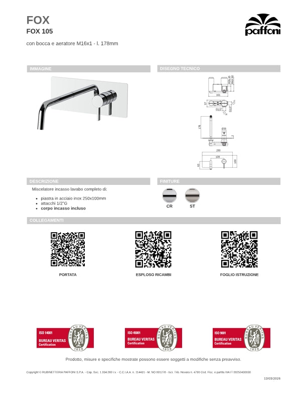 Miscelatore incasso lavabo completo di bocca da 178 mm, piastra Inox e corpo incasso Paffoni Fox art FOX105CR
