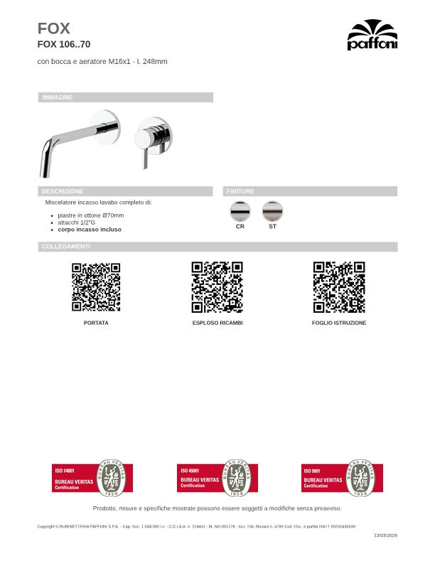 Miscelatore incasso lavabo Steel Looking completo di bocca da 248 mm , piastra e corpo incasso Paffoni Fox art FOX106ST70