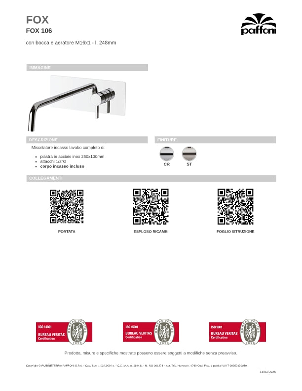 Miscelatore incasso lavabo Steel Looking completo di bocca da 248 mm, piastra Inox e corpo incasso Paffoni Fox art FOX106ST