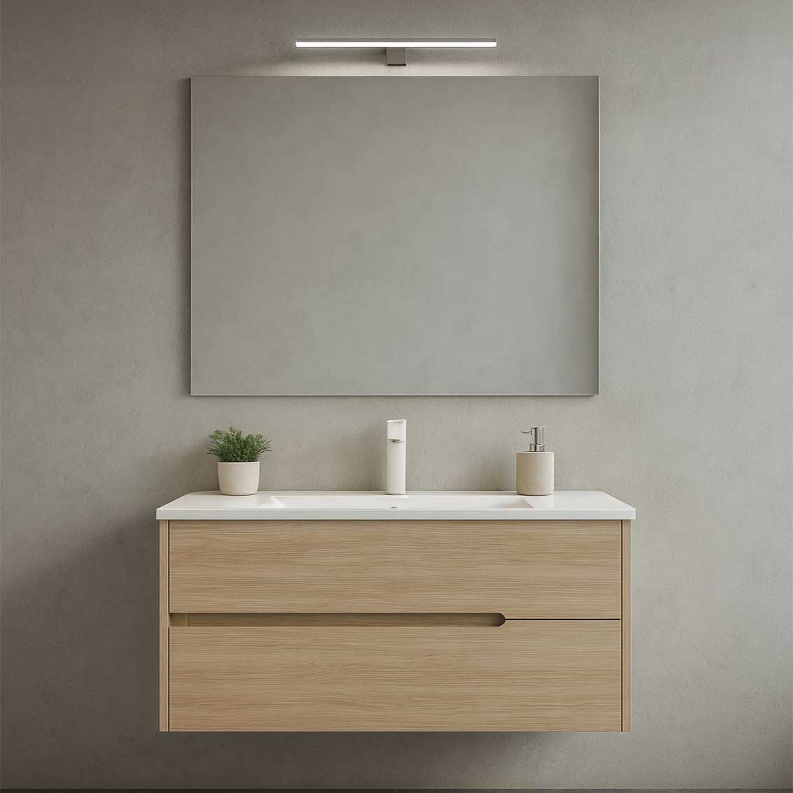 Mobile bagno sospeso con base, lavabo e specchiera modello Flora - Rovere tabacco