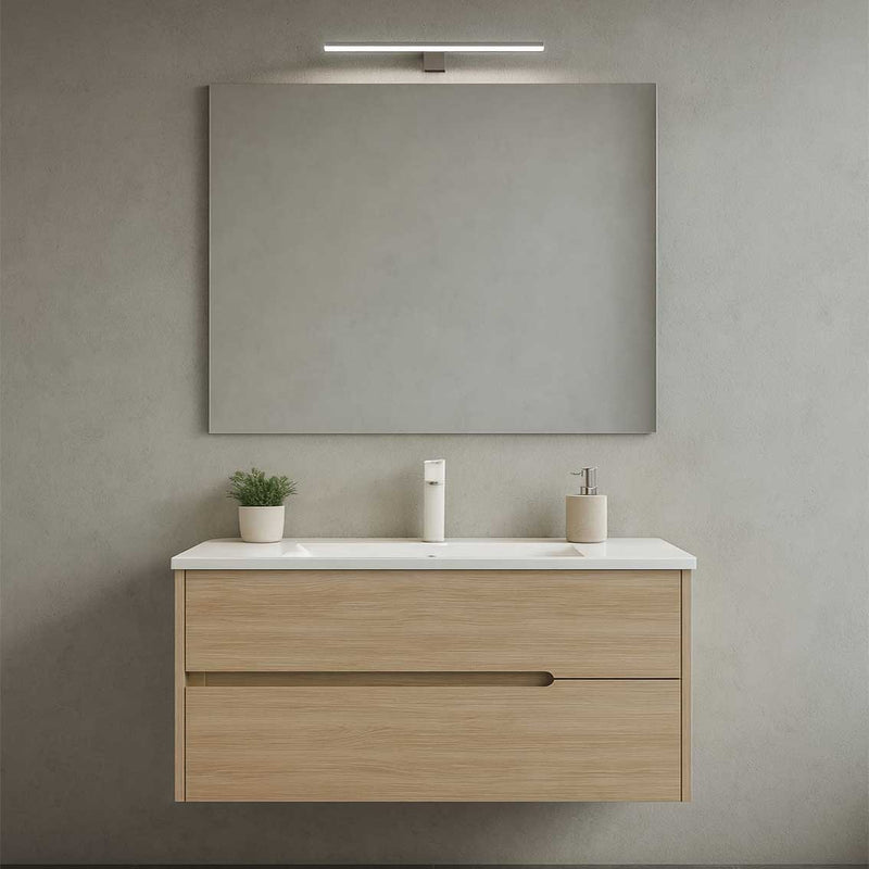 Mueble de baño suspendido con base, lavabo y espejo modelo Flora - Roble tabaco