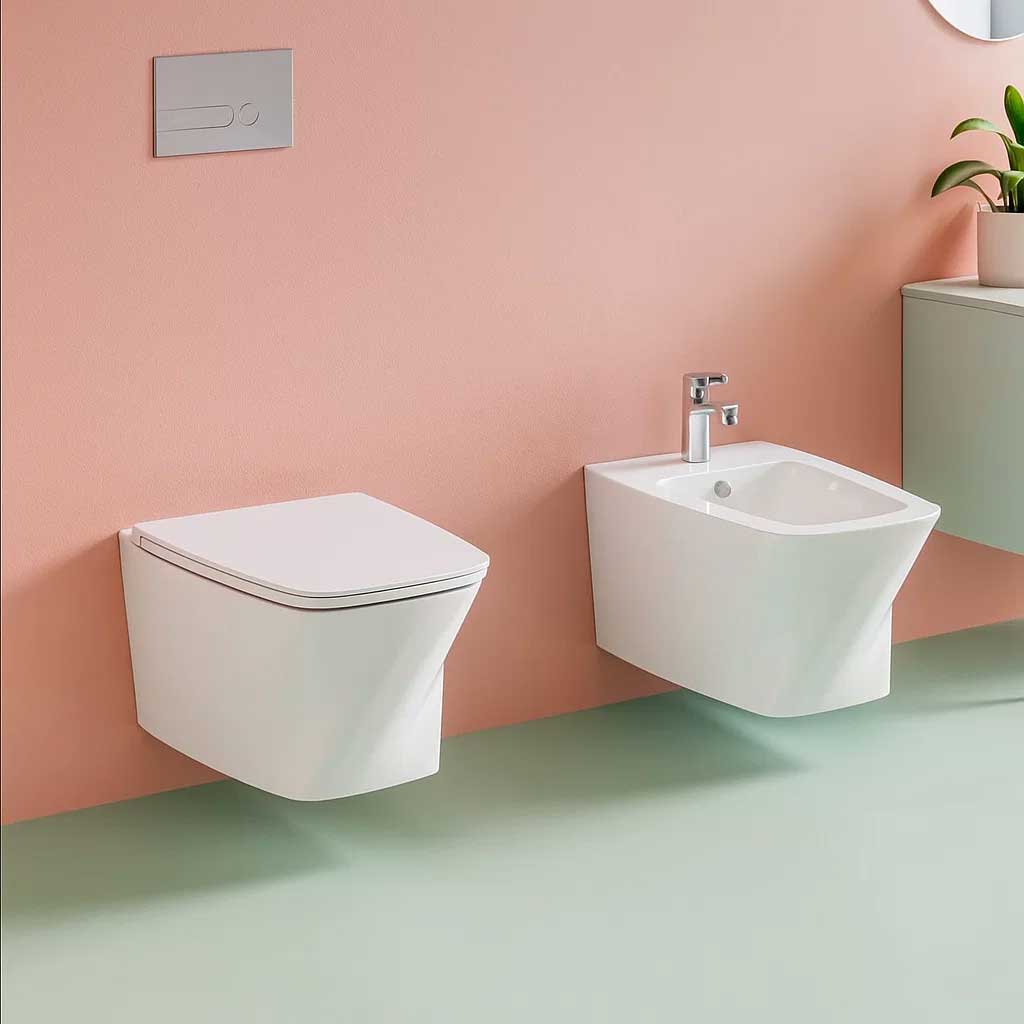 Pair of wall-hung sanitary fixtures Azzurra Hera series 57x38x30.5 cm with soft-close seat - Glossy white