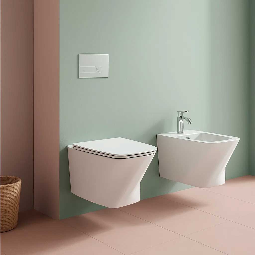 Pair of wall-hung sanitary fixtures Azzurra Hera series 57x38x30.5 cm with soft-close seat - Glossy white