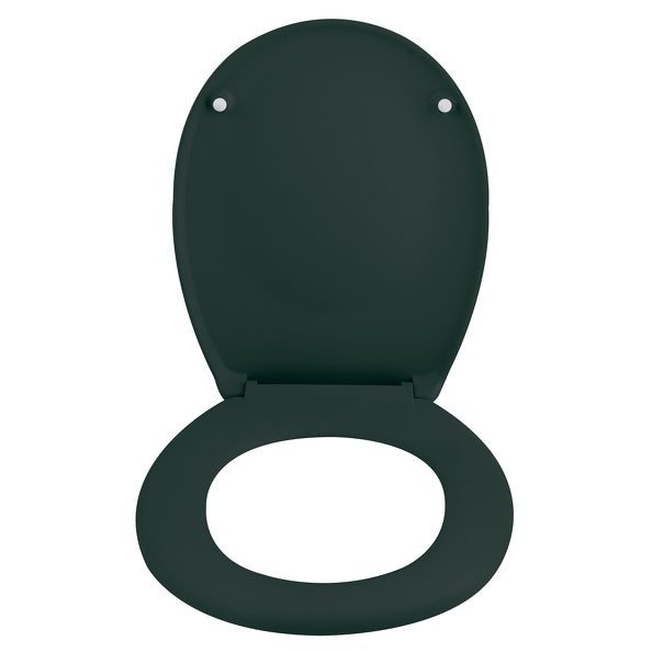 Sedile WC universale modello KLAK realizzato in  Thermo Dur Colore Verde scuro e Cerniere in acciaio inox