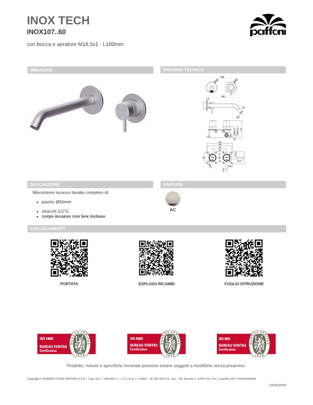 Miscelatore Lavabo Incasso completo di corpo incasso con box  e bocca da 18 cm finitura spazzolata Paffoni Inox Tech INOX107AC60