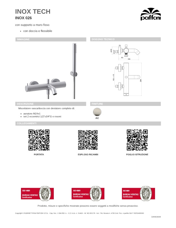 Miscelatore esterno vasca completo di di flessibile e doccetta finitura spazzolata Paffoni Inox Tech INOX026AC