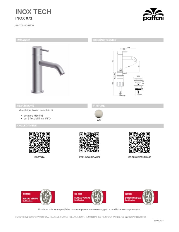 Miscelatore Lavabo in acciaio inox con scarico clic-clac finitura spazzolata Paffoni Inox Tech INOX071KAC