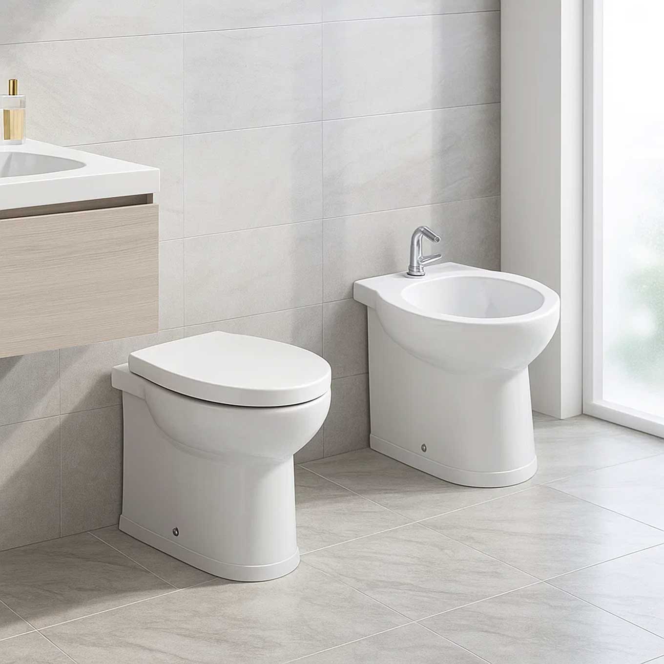 Wandbündiges Sanitärset mit Sitz aus duroplastischem Material Modell 'Isla' 48 cm