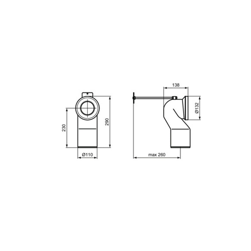 Curva tecnica Ideal standard per scarico a pavimento regolabile da 100 a 110 mm per sanitari traslati ART J324867