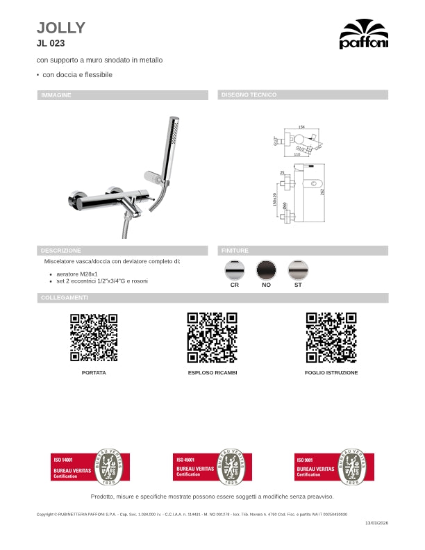 Miscelatore incasso vasca/doccia (2 uscite) con deviatore, flessibile e doccetta Paffoni Jolly JL023CR